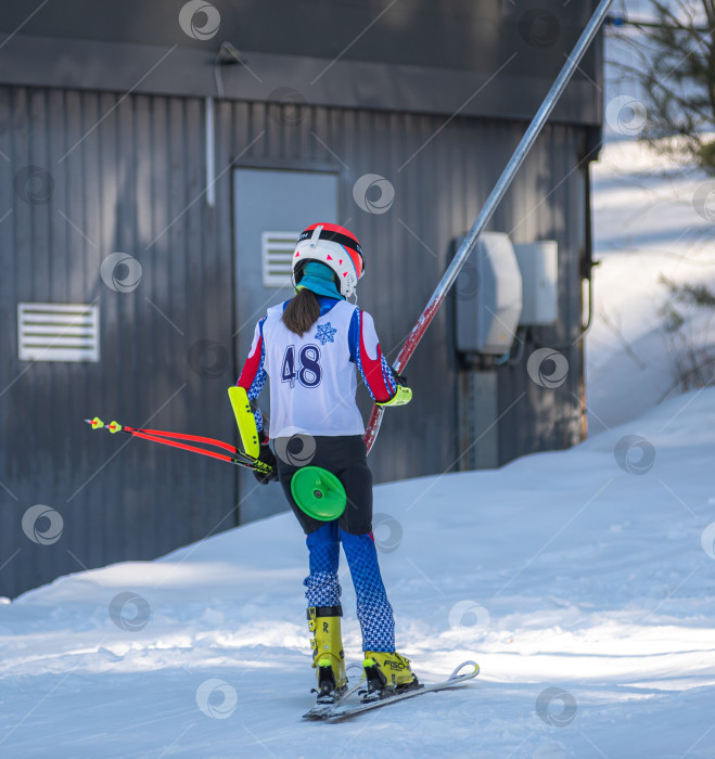 Скачать Россия, Красноярск 25 февраля 2025г. Девушка в лыжном костюме стоит на лыжах,на подъёмнике фотосток Ozero