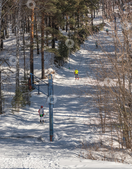 Скачать Россия, Красноярск 25 февраля 2025г. Лыжники поднимаются на лыжном подъёмнике фотосток Ozero