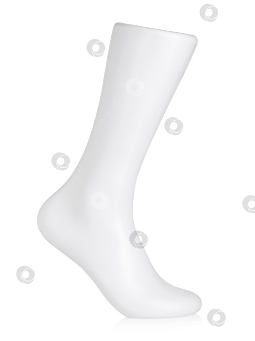 Скачать Белый пластиковый манекен с приподнятой пяткой для рекламы носков, выделенный на белом фоне, вид сбоку фотосток Ozero