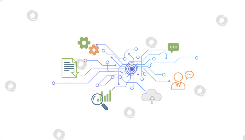 Скачать Схема сетевого подключения, показывающая поток данных и элементы связи в технологическом контексте фотосток Ozero