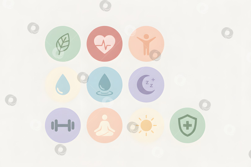 Скачать Символы здоровья и хорошего самочувствия, представляющие различные аспекты хорошего самочувствия, такие как фитнес, увлажнение и сон для сбалансированного образа жизни фотосток Ozero