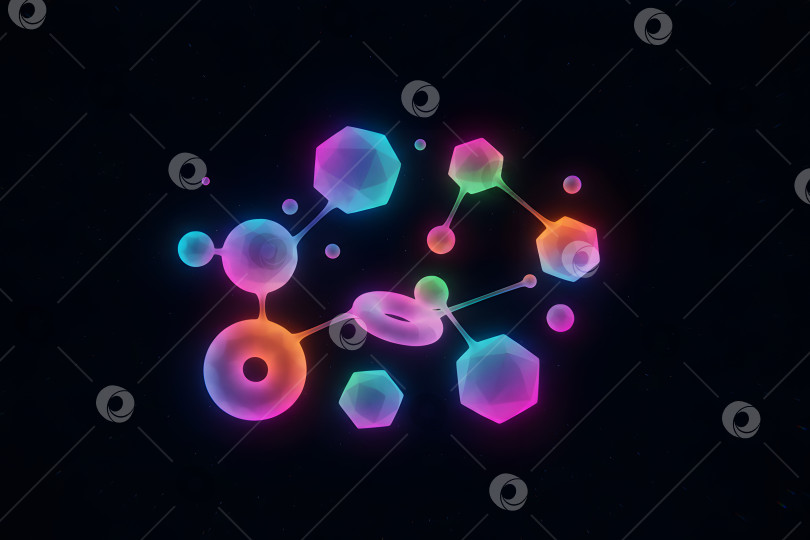 Скачать Яркие абстрактные фигуры с кругами и шестиугольниками, плавающие на черном фоне в стиле цифрового искусства фотосток Ozero