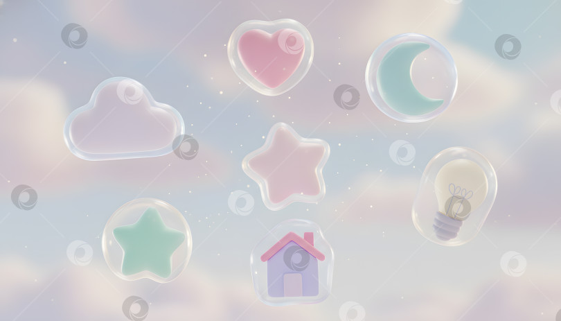 Скачать Разноцветные фигуры парят в небе вместе с облаками, а днем при мягком освещении они окрашены в пастельные тона фотосток Ozero