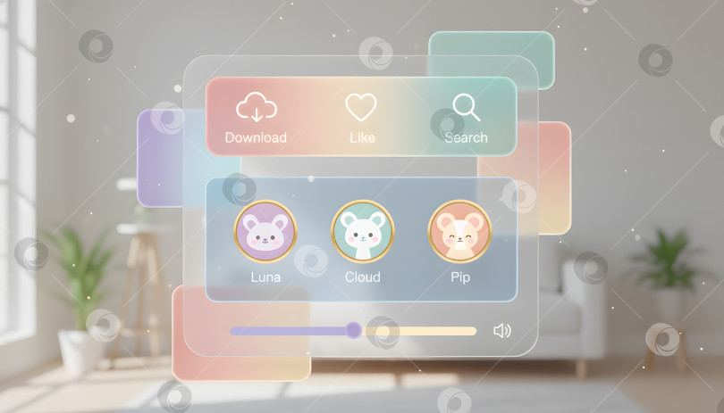 Скачать Пользовательский интерфейс с кнопками для загрузки, "мне нравится" и поиска, а также анимированными значками на мягком фоне фотосток Ozero