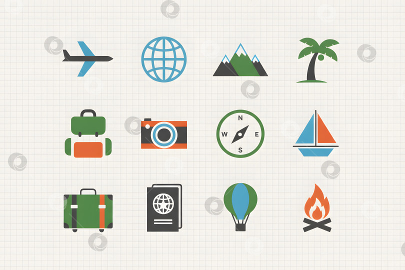 Скачать Дорожные значки для планирования приключений, включая сумку, фотоаппарат, самолет и компас, в летнее время на открытом воздухе фотосток Ozero