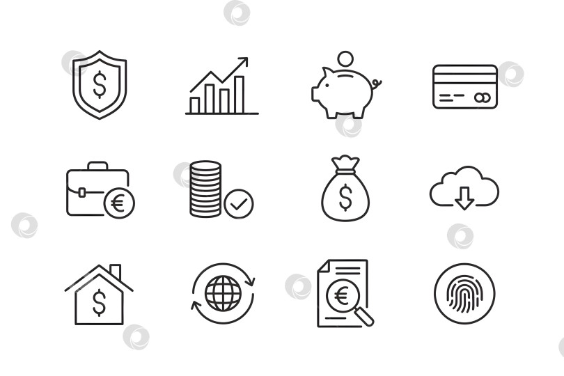 Скачать Финансовые значки, отображающие концепции сбережений, инвестиций и финансовой безопасности в простом формате фотосток Ozero