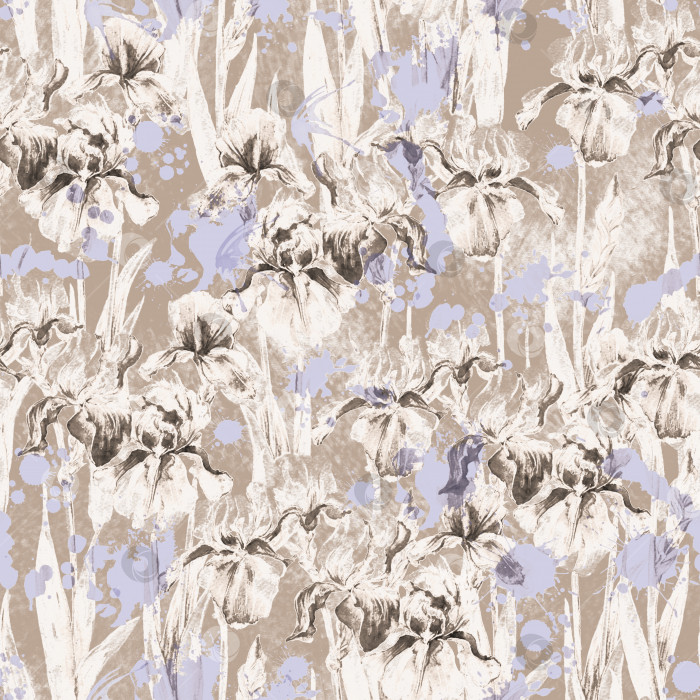 Скачать Летний луг цветы ириса акварельный монохромный бесшовный узор на бежевом фоне фотосток Ozero