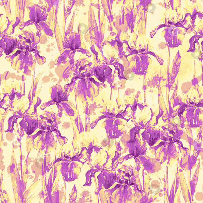Скачать Летний луг цветы ириса акварельный монохромный бесшовный узор на желтом фоне фотосток Ozero