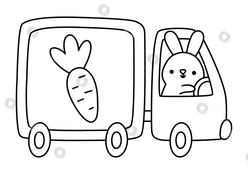 Скачать Векторный пасхальный кролик за рулем грузовика со значком в виде линии морковного знака. Раскраска "Водитель кролика". Черно-белая иллюстрация для детей с изображением милого весеннего животного или фермы. Забавный заяц на грузовике фотосток Ozero