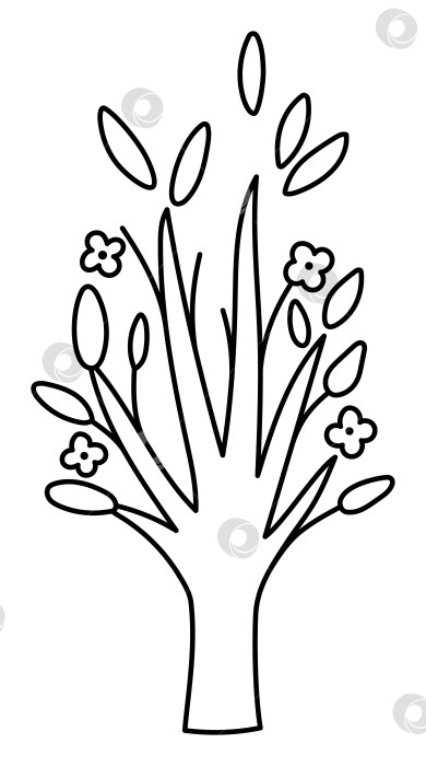 Скачать Векторный значок линии цветущего дерева, выделенный на белом фоне. Садовое или лесное растение с цветами и листьями. Черно-белая иллюстрация весны, пасхальной деревни или фермы. Раскраска "Естественная зелень" фотосток Ozero