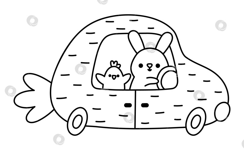 Скачать Векторный пасхальный кролик за рулем автомобиля в форме морковки со значком пассажирской линии в виде цыпленка. Раскраска "Водитель кролика". Черно-белая иллюстрация весны или сельскохозяйственных животных для детей. Забавный клипарт зайца фотосток Ozero