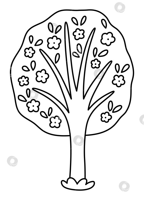 Скачать Векторный значок линии цветущего дерева, выделенный на белом фоне. Садовое или лесное растение с цветами и листьями. Черно-белая иллюстрация весны, пасхальной деревни или фермы, страница-раскраска фотосток Ozero