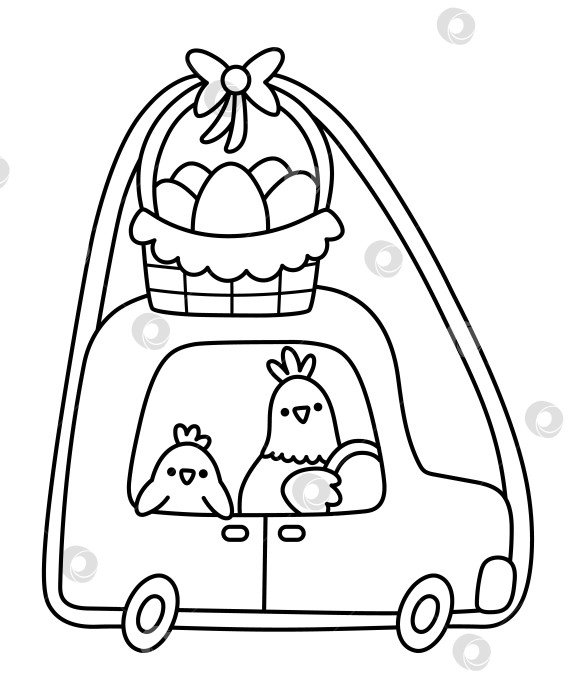 Скачать Векторная курица за рулем автомобиля с подарком в виде корзины с цветными яйцами и значком пассажирской линии с цыплятами. Раскраска для водителей птиц на ферме. Черно-белая иллюстрация весеннего животного для детей. Забавный клипарт с курицей фотосток Ozero