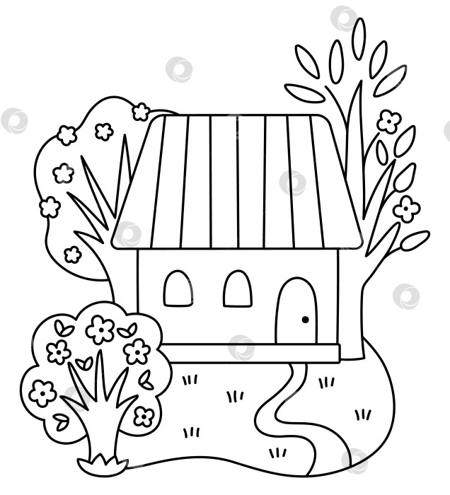 Скачать Векторная иконка загородного дома с цветущими деревьями на белом фоне. Иллюстрация деревянного коттеджа на ферме или в пасхальной деревне, раскраска. Милый черно-белый дом в сельском саду фотосток Ozero