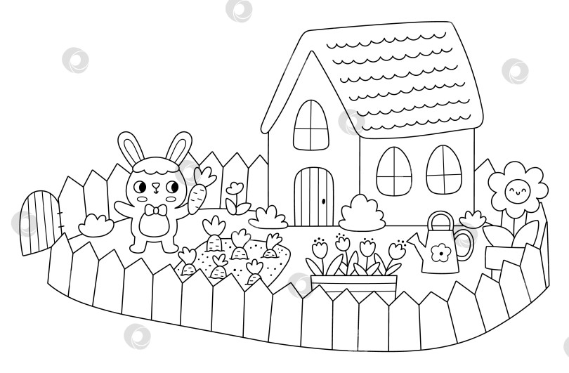 Скачать Сельская сценка с кроликом в саду на грядке с морковью. Черно-белые пейзажи весеннего праздника, раскраска для детей с изображением загородного дома. Векторная пасхальная деревня с кроликом и его домом фотосток Ozero