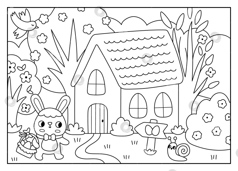 Скачать Горизонтальный пейзаж пасхальной деревни в векторе. Сельская сцена с кроликом в цветущем саду, идущим к себе домой с корзиной яиц. Черно-белый фон весеннего праздника, раскраска для детей фотосток Ozero