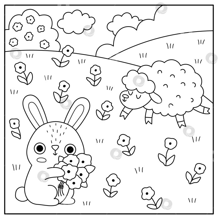 Скачать Векторный пейзаж на пасхальной деревенской площади. Сельская сцена с кроликом на лугу, собирающим цветы. Черно-белый фон весеннего праздника, раскраска для детей с овцами, цветущее дерево фотосток Ozero