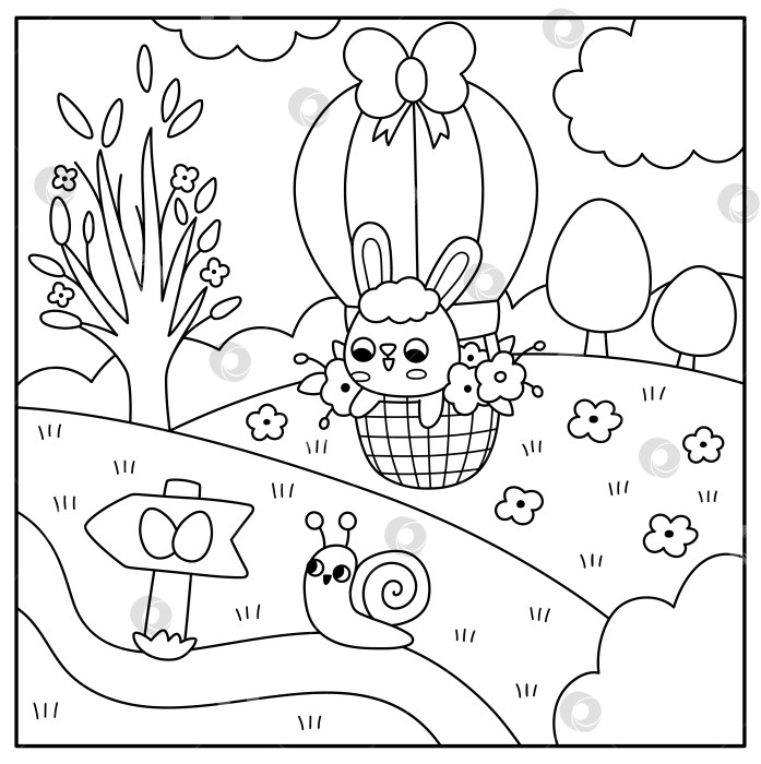 Скачать Векторный пейзаж на пасхальной деревенской площади. Пейзаж сельской природы с кроликом, летящим на воздушном шаре. Черно-белый фон весеннего праздника, раскраска для детей со знаком охоты за яйцами фотосток Ozero