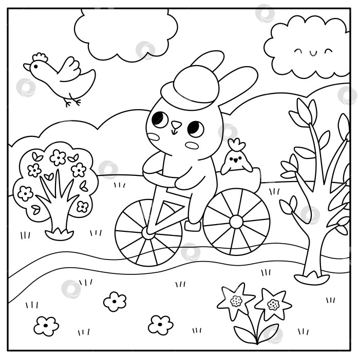 Скачать Векторный пейзаж на пасхальной деревенской площади. Сельская сцена с кроликом, едущим на велосипеде по лугу по проселочной дороге. Черно-белый фон весеннего праздника, раскраска для детей фотосток Ozero