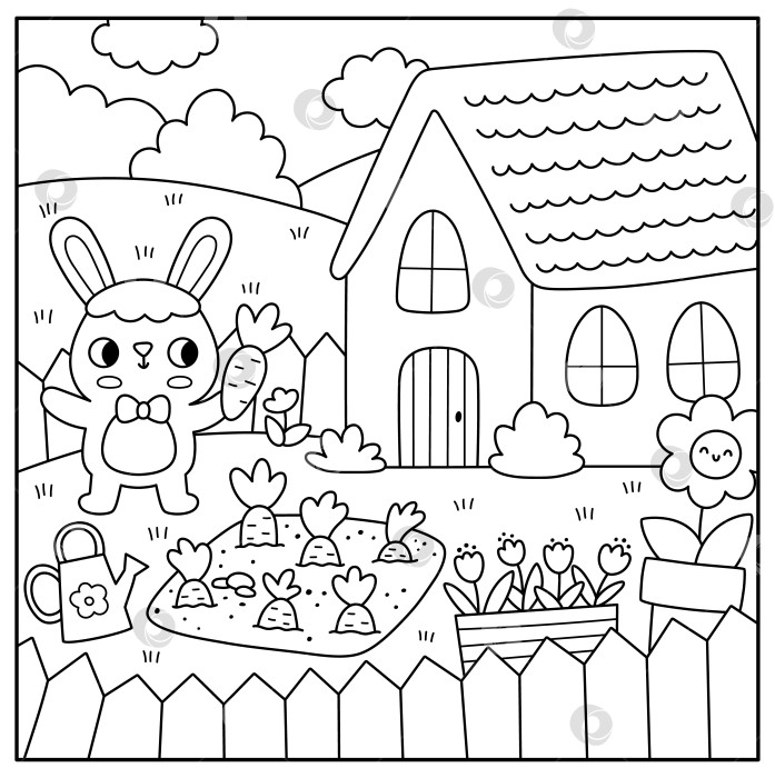 Скачать Векторный пейзаж на пасхальной деревенской площади. Сельская сцена с кроликом в саду с грядкой моркови. Черно-белый фон весеннего праздника, раскраска для детей с изображением загородного дома фотосток Ozero