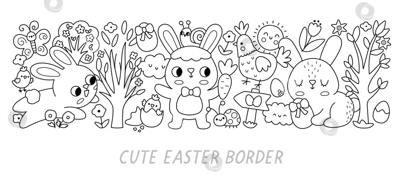 Скачать Векторная пасхальная горизонтальная рамка с традиционными символами. Черно-белый дизайн шаблонов открыток для баннеров, приглашений. Симпатичная иллюстрация к весеннему празднику, раскраска фотосток Ozero