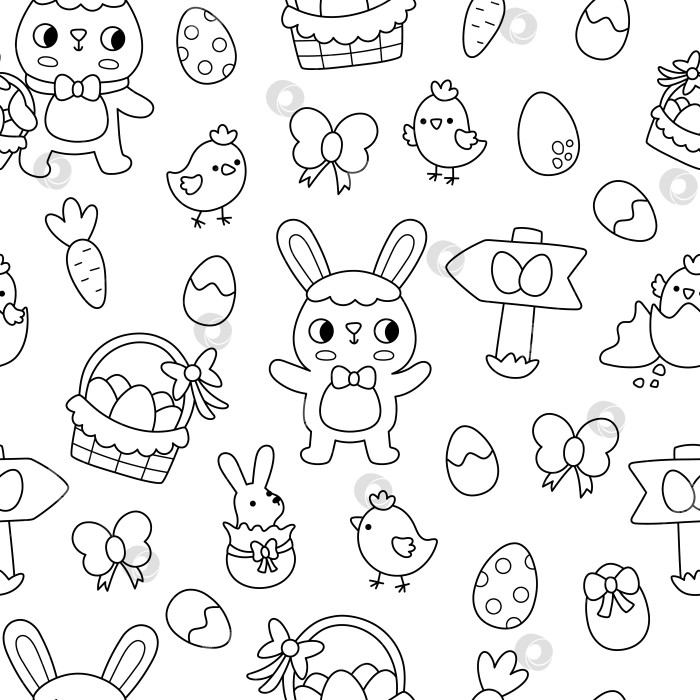 Скачать Векторный пасхальный бесшовный узор. Повторяющийся фон фермы с кроликом, цыплятами, корзинкой, яйцами, морковью, знаком охоты за яйцами, шоколадным зайцем. Черно-белая цифровая бумага или раскраска для весенних праздников фотосток Ozero