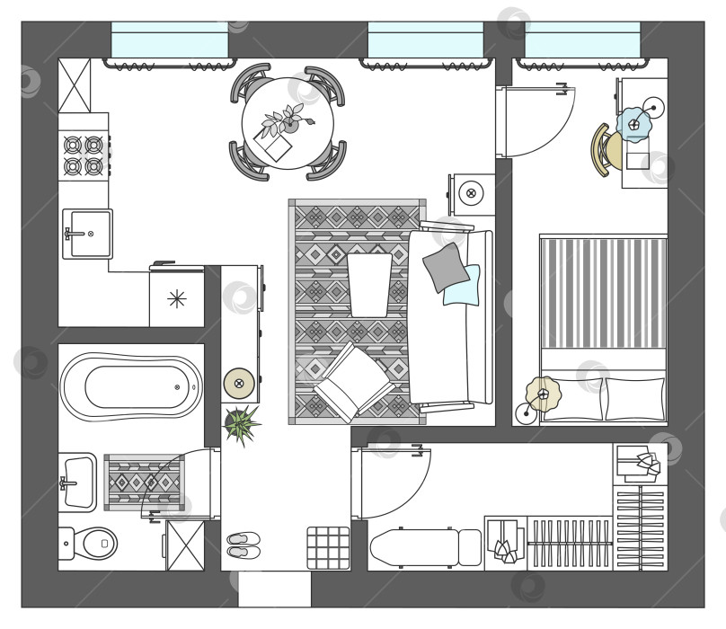 Скачать Планировка квартиры с совмещенной кухней и гостиной. Небольшие жилые апартаменты, дизайн интерьера с расстановкой мебели. Вектор фотосток Ozero