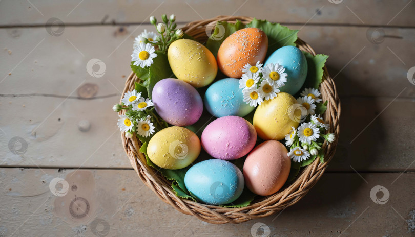 Скачать Корзина с разноцветными пасхальными яйцами и ромашками на деревянном столе с пробелом для копирования фотосток Ozero