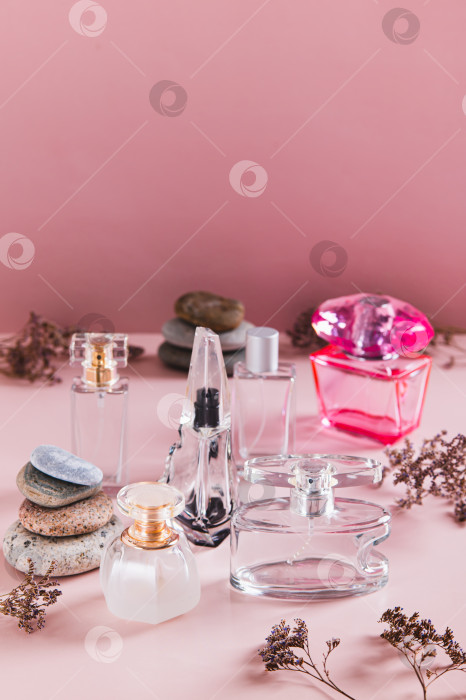 Скачать Красивая композиция из флаконов духов в розовых тонах на столе в вертикальном положении фотосток Ozero