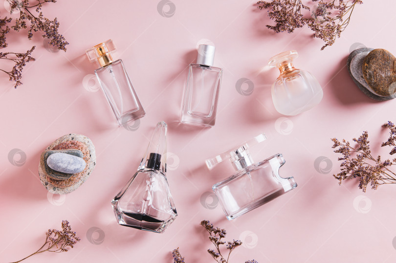 Скачать Красивая композиция из флаконов духов в розовых тонах на столе, вид сверху фотосток Ozero