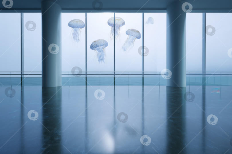 Скачать сюрреалистический фон, небесный пейзаж с летающими медузами за окном фотосток Ozero