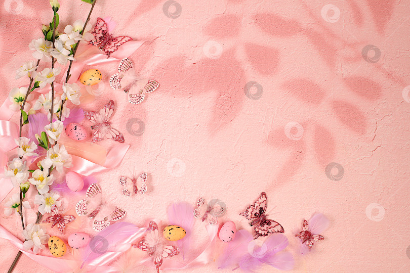 Скачать Красивый пасхальный баннер с украшенными перепелиными яйцами, ветками сакуры и вишни, весенними бабочками и перьями. Концепция "Счастливой Пасхи". Абстрактная весенняя пасхальная композиция с пространством для текста фотосток Ozero