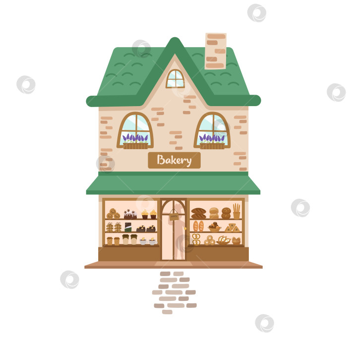 Скачать Уютная пекарня и кофейня. Симпатичная витрина с булочками, хлебом, пирогами и пирожными. фотосток Ozero