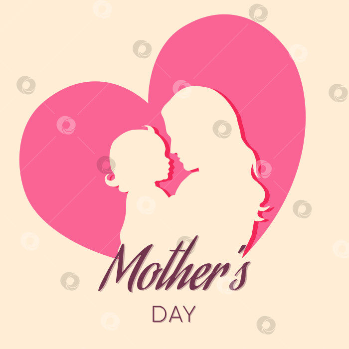 Скачать Поздравляем с Днем матери. Силуэт матери с ребенком на руках на фоне сердечка с поздравительным посланием. Шаблон для открытки и праздничный фон фотосток Ozero