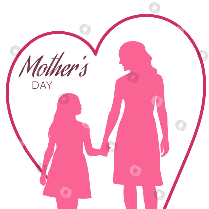 Скачать С Днем матери. Силуэт матери и дочери, идущих рука об руку, в рамке в форме сердца. Фон с поздравительной надписью фотосток Ozero