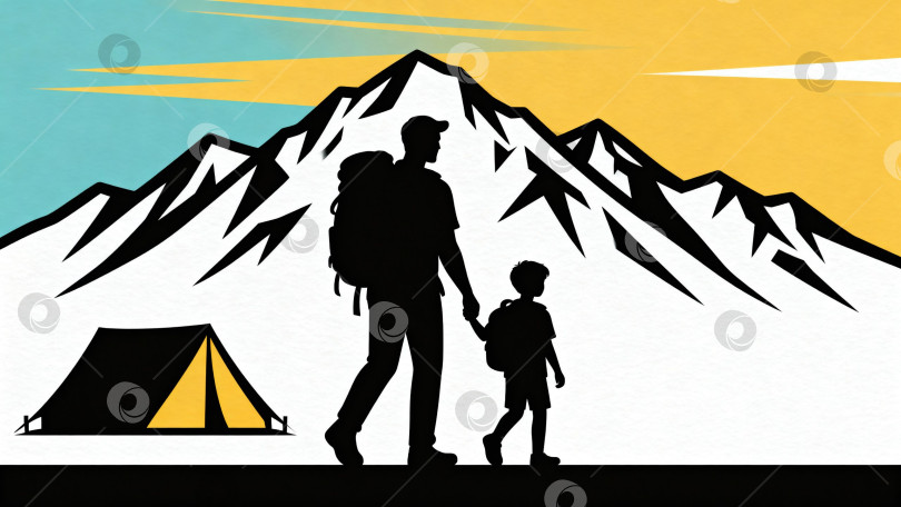 Скачать Иллюстрация отца и ребенка, идущих к палатке на фоне гор. Подходит для тем, связанных с активным отдыхом, туризмом, семейными путешествиями и приключениями. фотосток Ozero