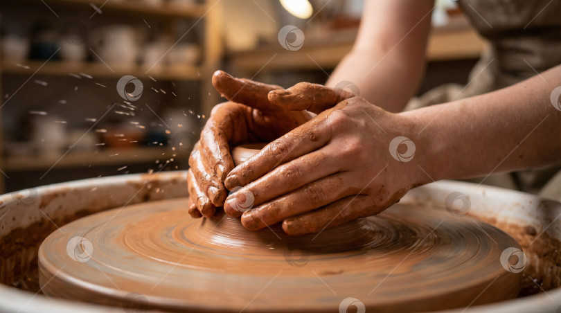 Скачать Процесс создания керамики: руки мастера на гончарном круге с брызгами воды и глины фотосток Ozero