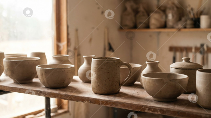 Скачать Коллекция гончарных изделий на деревянной полке, разнообразные керамические чашки и вазы фотосток Ozero