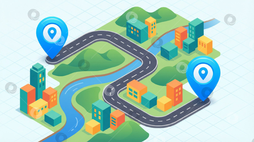 Скачать Интерактивная карта с маршрутами и геолокацией изометрический дизайн с домами, дорогами и реками фотосток Ozero