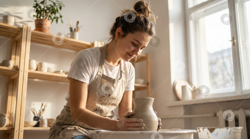 Скачать Мастер-класс по гончарному искусству: женщина лепит вазу из глины в светлой студии с натуральным освещением фотосток Ozero
