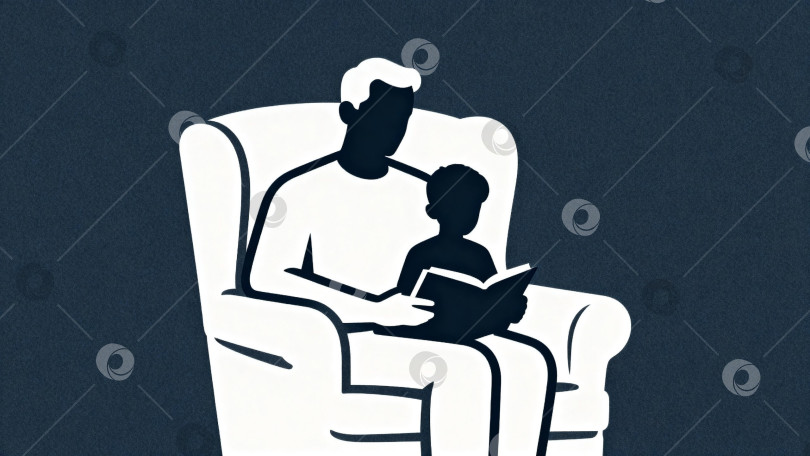 Скачать Иллюстрация в виде силуэта, изображающая отца и ребенка, которые вместе читают книгу в уютном кресле. Подходит для тем, связанных с семейным временем, воспитанием, чтением и образованием. фотосток Ozero