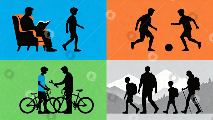 Скачать Четыре стиля общения между родителями и детьми: чтение, спорт, ремонт велосипеда и семейный поход фотосток Ozero