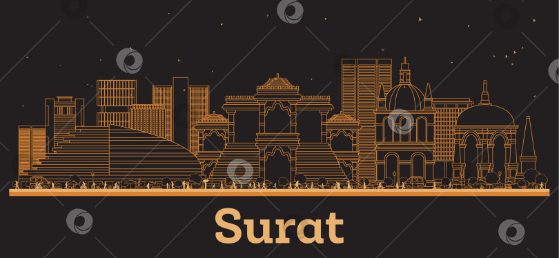 Скачать Очертите горизонт индийского города Сурат оранжевыми зданиями. Иллюстрация. Концепция деловых поездок и туризма в сочетании с современной архитектурой. Городской пейзаж Сурата с достопримечательностями. фотосток Ozero