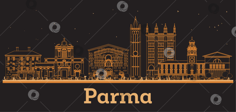 Скачать Очертите горизонт итальянского города Парма с оранжевыми зданиями. Иллюстрация. Концепция деловых поездок и туризма в сочетании с современной архитектурой. Городской пейзаж Пармы с достопримечательностями. фотосток Ozero