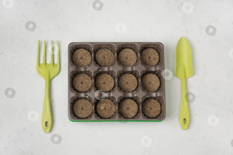 Скачать Небольшая теплица с торфяными гранулами для посадки семян и садовыми инструментами на сером фоне. Плоская планировка. фотосток Ozero