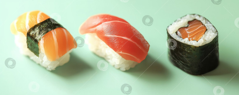 Скачать Различные виды суши, размещенные на светло-зеленом баннере при хорошем освещении, генерируют искусственный интеллект фотосток Ozero