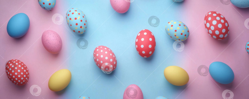 Скачать Разноцветные яйца, разложенные на нежно-голубом и розовом баннере, готовы к пасхальной охоте или весеннему празднику. фотосток Ozero