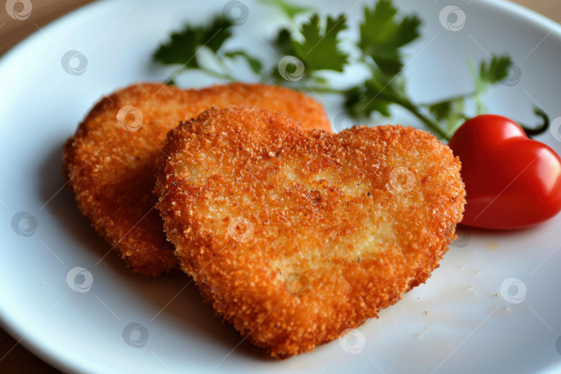 Скачать Хрустящие закуски в форме сердечек подаются на белой тарелке с кинзой и помидорами. Генеративный подход ко Дню святого Валентина фотосток Ozero