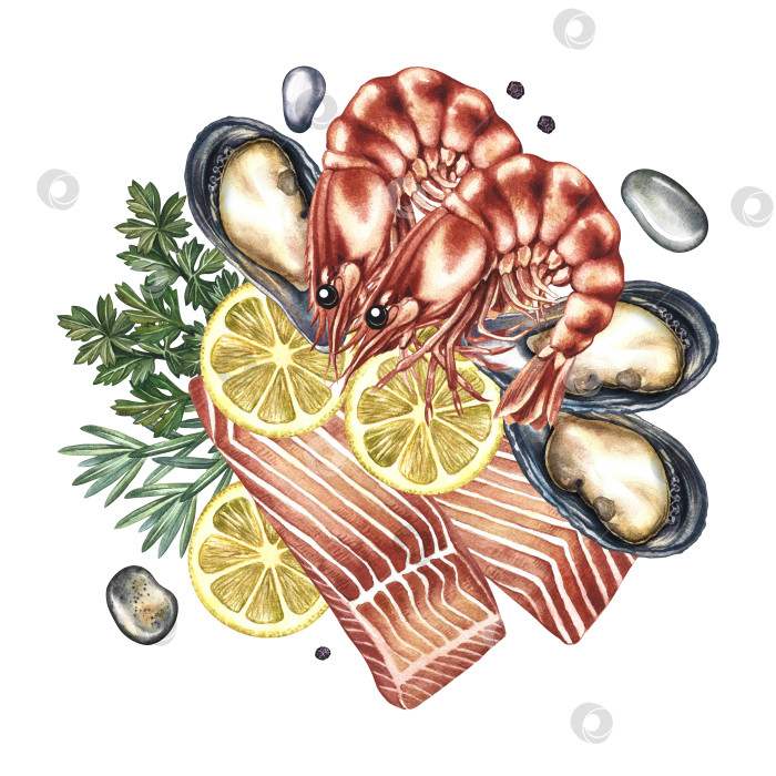 Скачать Морепродукты. Креветки и красная рыба с лимоном, мидиями и зеленью. Ручная акварельная иллюстрация. Красочное изображение блюда из морепродуктов. Идеально подходит для оформления меню, книг рецептов, упаковки, этикеток и многого другого. фотосток Ozero