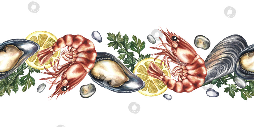 Скачать Бесшовный бордюр с креветками, лимоном, мидиями и зеленью. Акварельная иллюстрация, выполненная от руки. Горизонтальный бордюр с изображением блюда из морепродуктов. Идеально подходит для оформления меню, книг рецептов, упаковки, этикеток и многого другого. фотосток Ozero